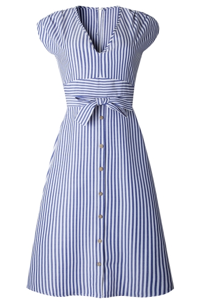Classic Striped Printed V-Neck Bow-Tied Waist Button Down Midi A-Line Dress