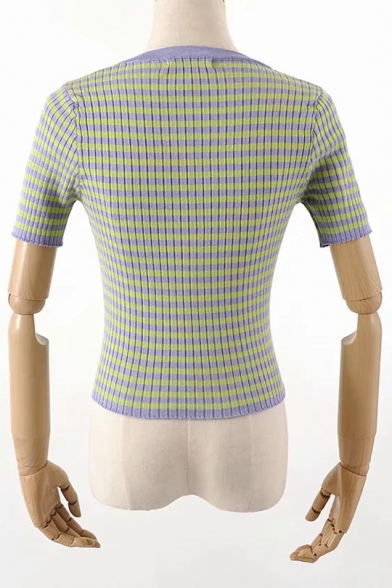 Contrast Trim Fashion Striped Colorblock Short Sleeve Retro Cropped Green T-Shirt