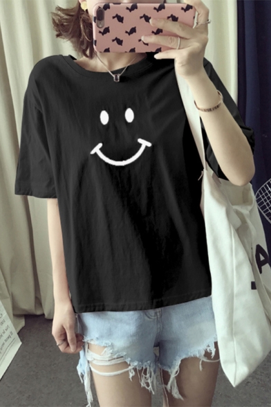 Cute Cartoon Happy Face Print Loose Fit Summer Short Sleeve T-Shirt