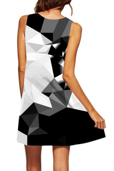 Fashion 3D Black Geometric Pattern Round Neck Mini Swing Tank Dress for Women