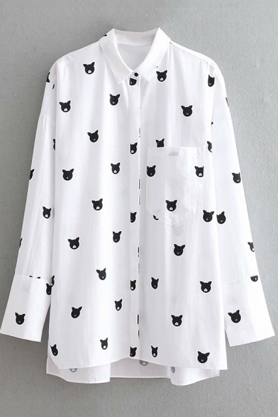 Fashion Allover Cartoon Cat Printed Long Sleeve Button Down Long White Shirt