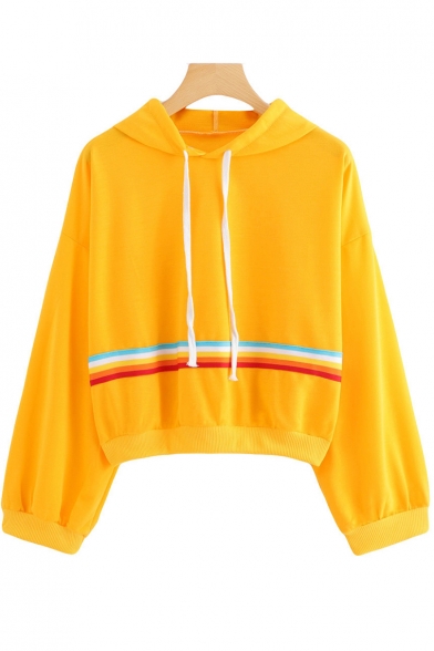 Fashion Rainbow Striped Printed Long Sleeve Yellow Drawstring Hoodie