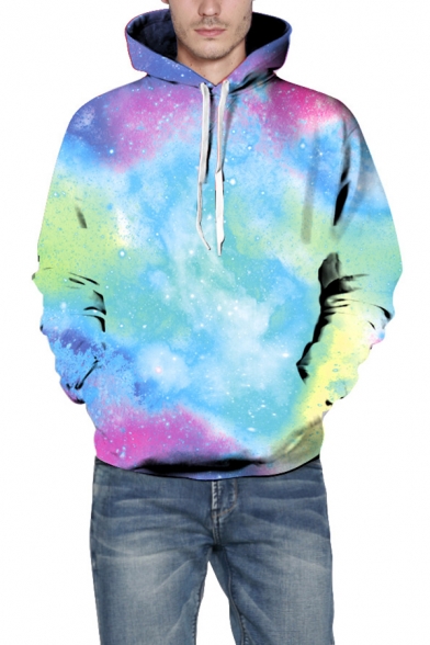 Light Blue 3D Galaxy Printed Long Sleeve Pullover Casual Loose Drawstring Hoodie