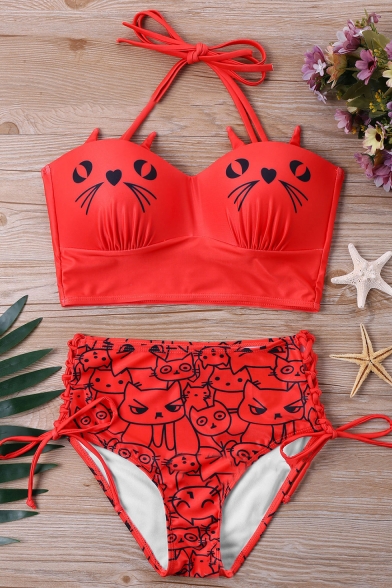 Lovely Cartoon Cat Printed Halter-Neck High Waisted Lace-Up Side Retro Swimwear