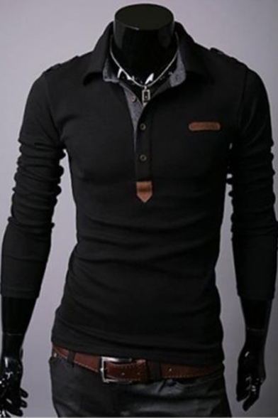 Men's Slim Fitted Fashion Patched Long Sleeve Polo Shirt