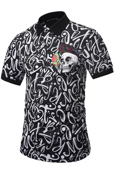 Men's Street Cool Letter Graffiti Skull Printed Short Sleeve Hip Hop Black Polo Shirt