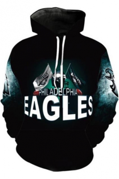 New Stylish 3D Eagle Pattern Blue Long Sleeve Drawstring Hoodie with Pocket