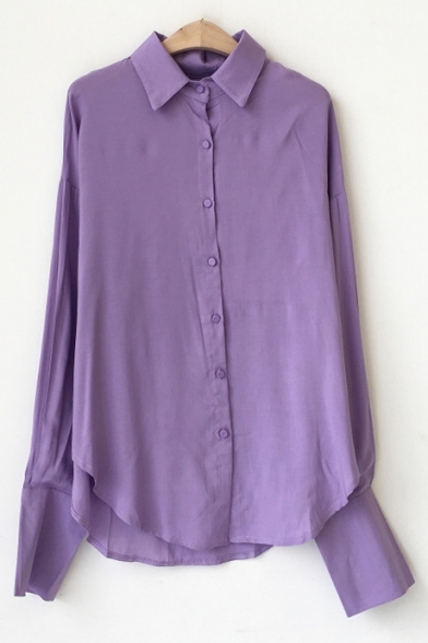 Retro Lantern Long Sleeve Spread Collar Simple Plain Casual Loose Cotton Button Shirt
