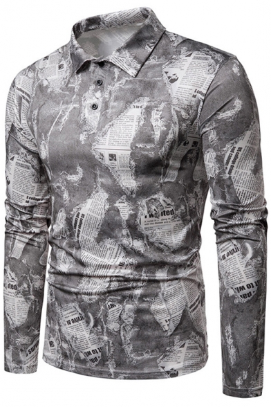 Retro Magazine Pattern Turn-Down Collar Long Sleeve Slim Fit Polo Shirt for Men