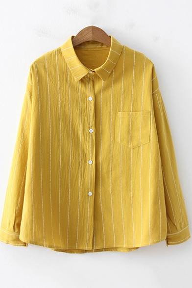 Simple Fashion Vertical Striped One Pocket Long Sleeve Button Shirt