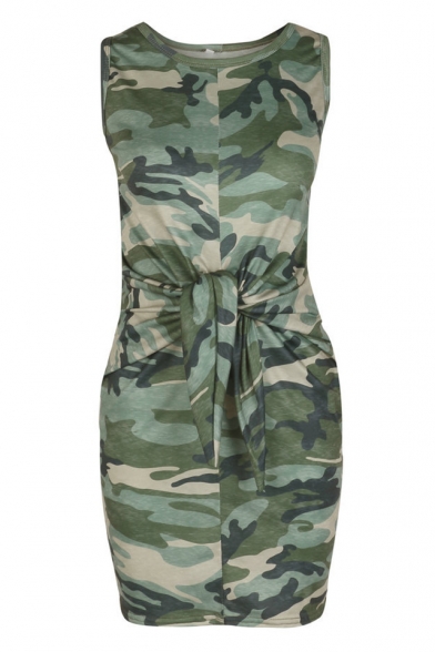 Summer Cool Camo Pattern Round Neck Sleeveless Tied Waist Mini Army Green Tank Dress