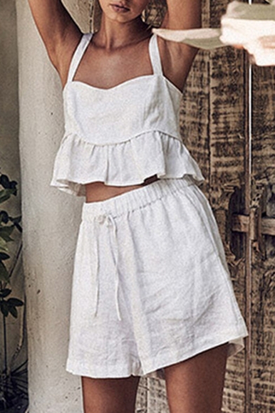 Summer New Fashion Ruffled Hem Cropped Cami Top Loose Fit Shorts Solid White Set for Women