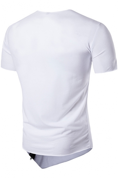 Unique PU Patchwork Zip Embellished Short Sleeve Slant Cut Bottom Fitted T-Shirt