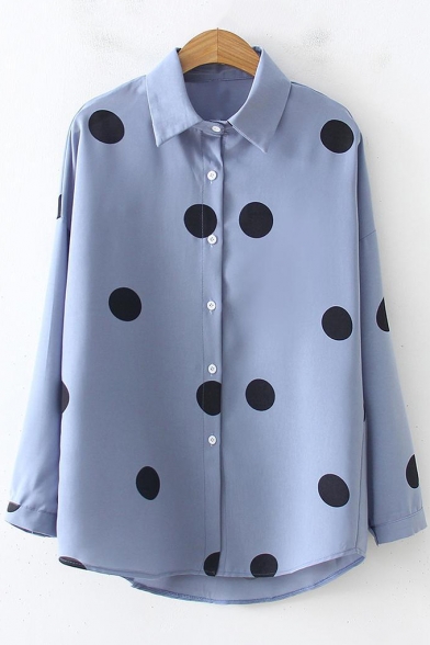 Vintage Polka-Dot Printed Long Sleeve Button Down Chiffon Shirt