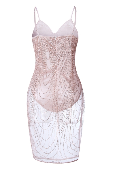 Women's Pink Sexy Transparent Sequined Midi Bodycon Slip Dress for Party