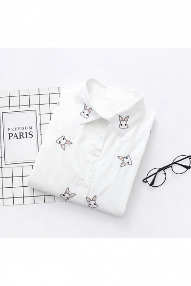 Cute Cartoon Rabbit Embroidered Long Sleeve Loose Fit Cotton White Shirt