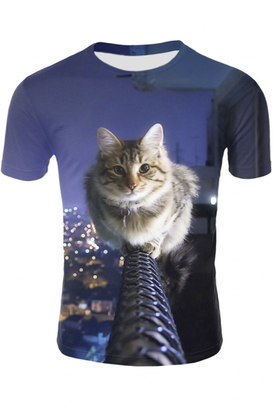 Fashion 3D Rope Cat Print Blue Short Sleeve T-Shirt