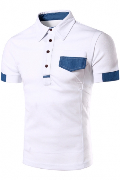 Fashion Denim Patched Pocket Short Sleeve Summer White Slim Fit Polo for Men