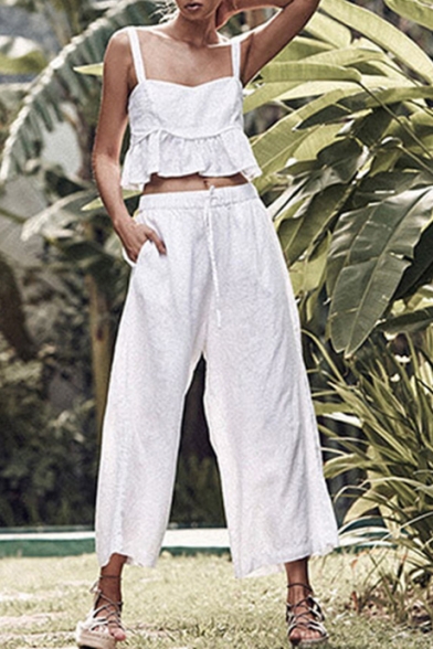 Fashion Ruffled Cropped Cami Top Drawstring Waist Wide-Leg Pants Solid Color White Set for Women