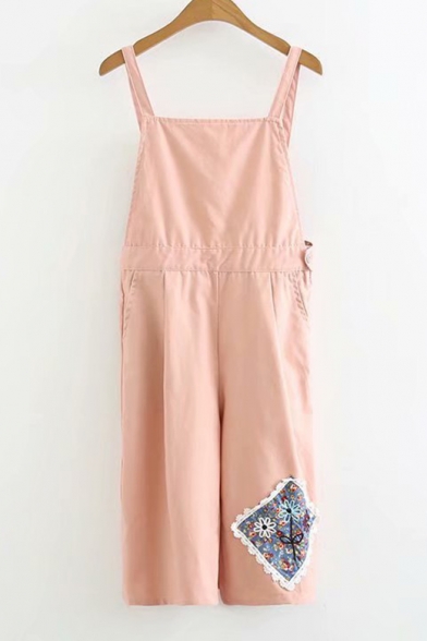 Girls Fancy Floral Embroidery Patched Loose Wide Legs Overall Jumpsuits