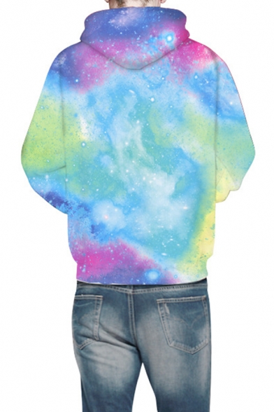 Light Blue 3D Galaxy Printed Long Sleeve Pullover Casual Loose Drawstring Hoodie