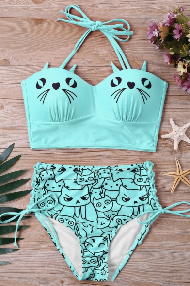 Lovely Cartoon Cat Printed Halter-Neck High Waisted Lace-Up Side Retro Swimwear