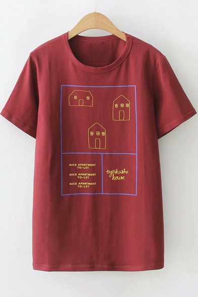 Lovely Cartoon House Printed Basic Short Sleeve Round Neck Red T-Shirt