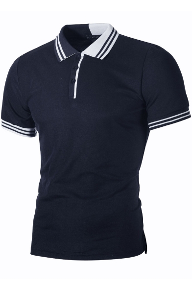 Men's Simple Striped Trim Contrast Collar Three-Button Casual Polo Shirt