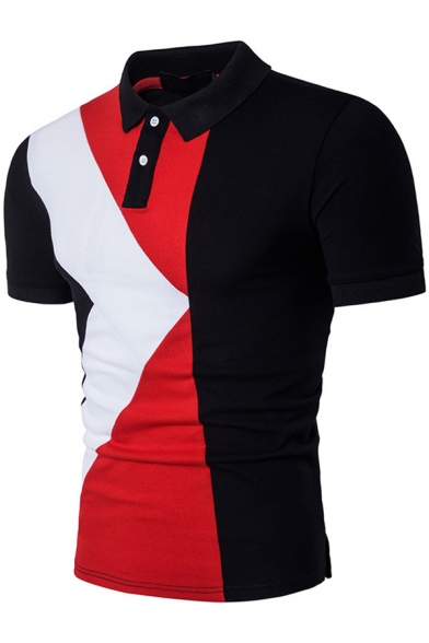 Men's Stylish Geometric Printed Two-Button Short Sleeve Fitted Polo Shirt