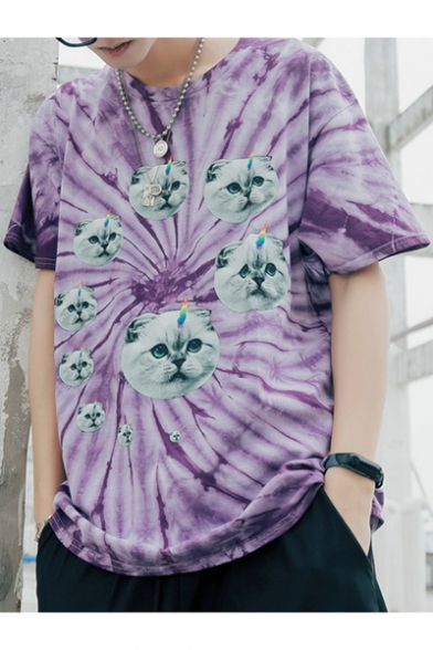 New Trendy Cool Tie Dye Cartoon Cat Print Loose Relaxed Hip Hop Purple T-Shirt