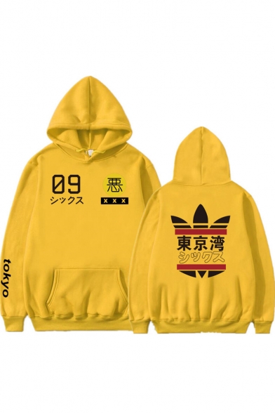 New Trendy Japanese Character Printed Long Sleeve Relaxed Pullover Hoodie