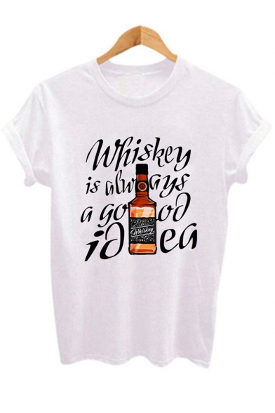 New Trendy Whiskey Letter Print Basic Casual White T-Shirt