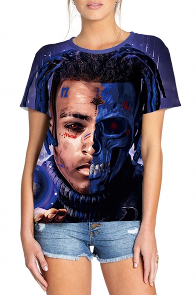 Popular American Rapper 3D Figure Printed Short Sleeve Loose Relaxed T-Shirt in Purple