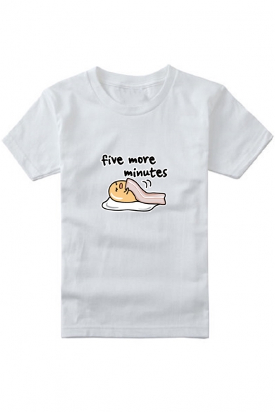 Popular Cartoon Sleeping Egg Letter FIVE MORE MINUTES Print Basic Short Sleeve Graphic Tee