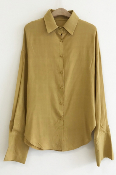 Retro Lantern Long Sleeve Spread Collar Simple Plain Casual Loose Cotton Button Shirt
