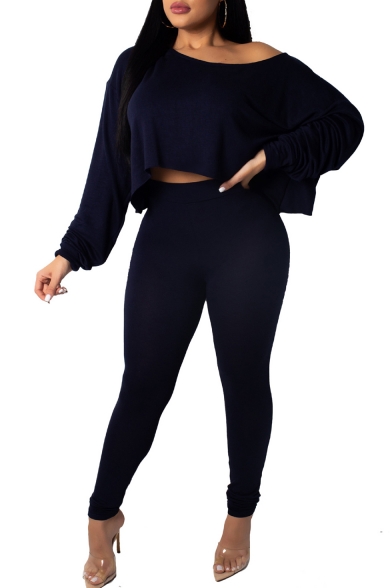 Sexy One-Shoulder Long Sleeve Cropped Top Skinny Fit Pants Plain Set for Women