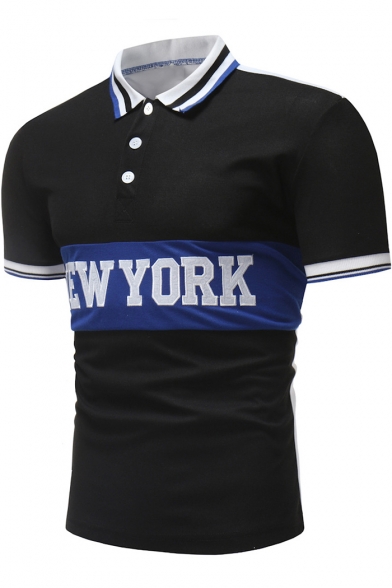 Summer Fashion Letter NEW YORK Print Contrast Tipped Guys Slim Fit Polo Shirt