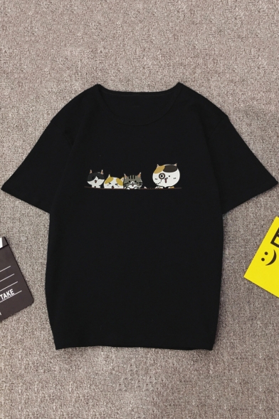 Summer New Fashion Cartoon Cat Print Basic Round Neck Loose T-Shirt