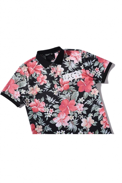 Summer New Stylish Floral Printed Black Short Sleeve Polo Shirt for Teenagers