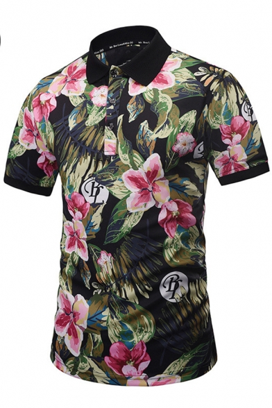 Summer Trendy 3D Oil Painting Floral Print Short Sleeve Black Polo Shirt for Men