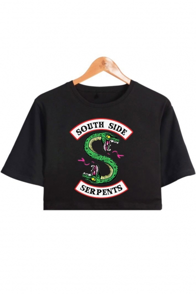 Trendy Snake Letter Printed Loose Fit Short Sleeve Cropped T-Shirt