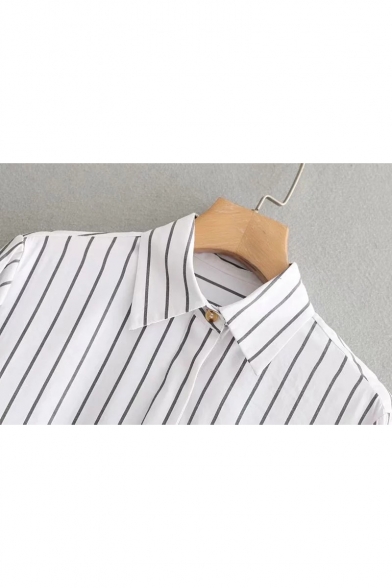 Unique Button Cuff Long Sleeve Loose Fit Longline White Striped Shirt