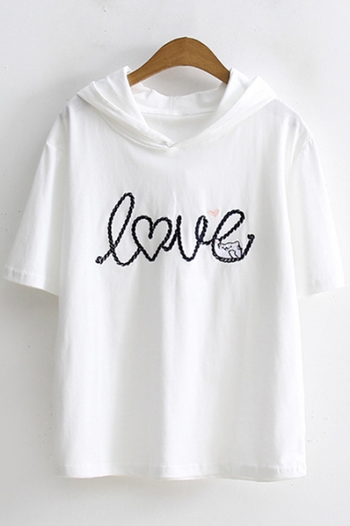 Unique Heart Cat Letter LOVE Embroidered Short Sleeve Relaxed Hooded T-Shirt