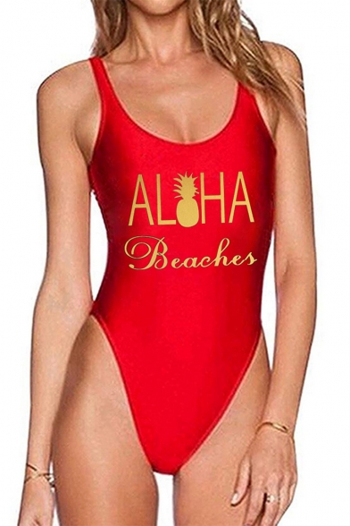Unique Pineapple Letter ALOHA BEACHES Printed Scoop Neck Slim One Piece Swimsuit for Women