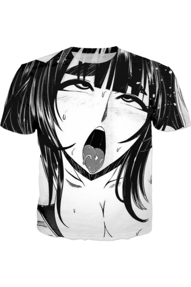 3D Comic Anime Ahegao Character Printed Short Sleeve Crewneck Summer T-Shirt