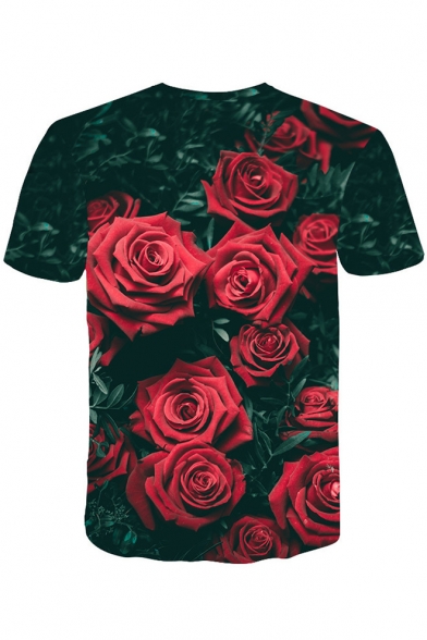 3D Red Rose Green Leaf Printed Round Neck Short Sleeve Casual T-Shirt