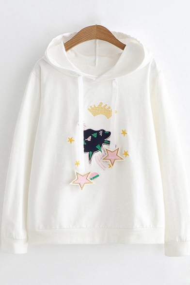 Cartoon Airship Star Embroidered Long Sleeve Loose Relaxed Drawstring Hoodie