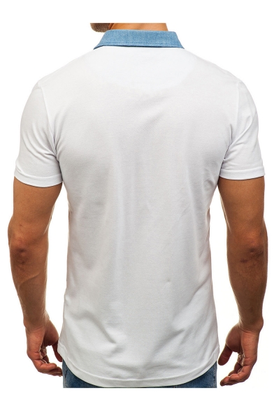 Contrast Collar Denim Patched Pocket Short Sleeve Men's Regular Fit Polo Shirt