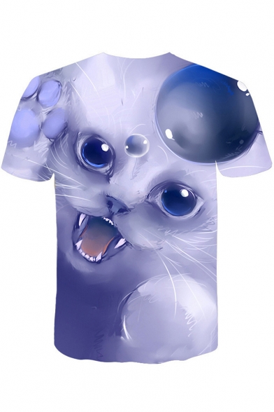 Cute 3D Cartoon Cat Pattern Basic Short Sleeve Round Neck Fitted T-Shirt