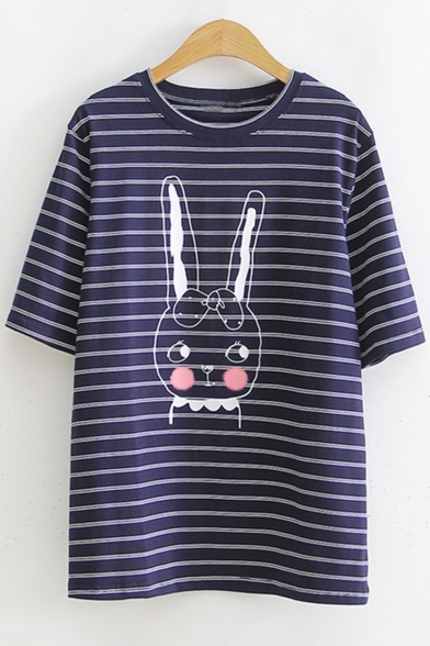 

Cute Cartoon Rabbit Pattern Loose Relaxed Cotton Striped T-Shirt, Blue;pink;white;navy, LC505826